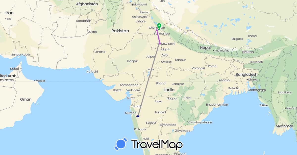 TravelMap itinerary: driving, bus, plane, train, motorbike in India (Asia)